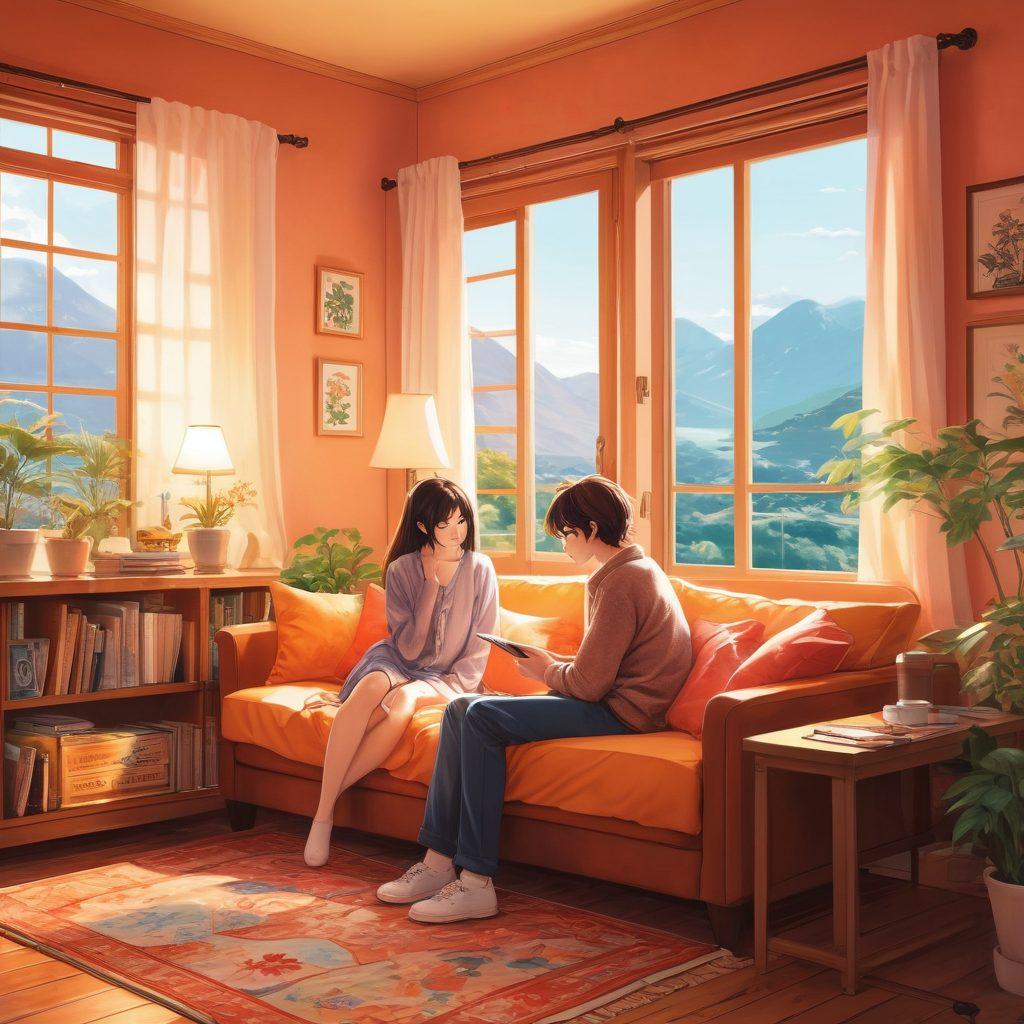 A whimsical illustration showcasing a vibrant scene from an adult anime setting, featuring characters expressing deep affection in a cozy interior decorated with manga art. Include soft, warm lighting to create an inviting atmosphere, and an array of manga volumes scattered around, symbolizing exploration. Capture the essence of connection and emotion through expressive facial features and body language. cartoon style. vibrant colors. warm tones.
