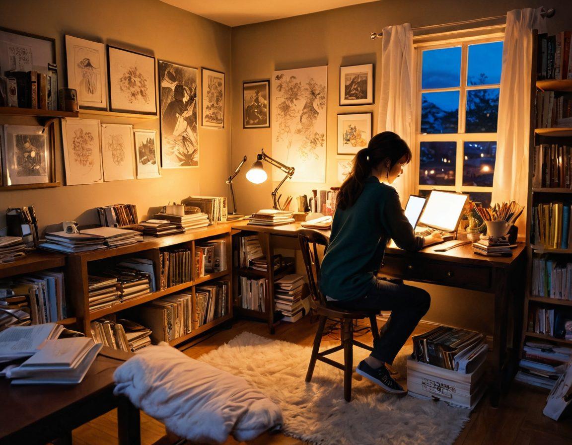 A beautifully illustrated scene of an intimate manga artist's studio, with an artist passionately sketching characters in a cozy, dimly lit room. The walls adorned with colorful manga panels, showcasing various emotional expressions. A soft glow from a desk lamp enhances the romantic atmosphere, while a plush chair and scattered art supplies create a personal touch. Elements of storytelling, like open books and digital devices, can be seen. vibrant colors. super-realistic. 