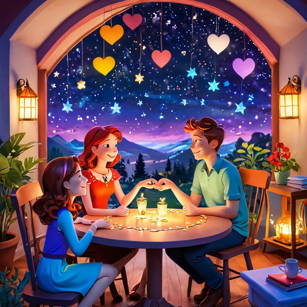 A whimsical scene showcasing diverse characters from adult animation engaging in heartfelt conversations, surrounded by vibrant colors and soft lighting. Include elements that symbolize love and connection, such as intertwined hearts or sparkling stars in the background. Capture a mix of emotions ranging from joy to intimacy in their expressions. The setting should be playful and inviting, creating an enchanting atmosphere. cartoon style. vibrant colors. 3D.